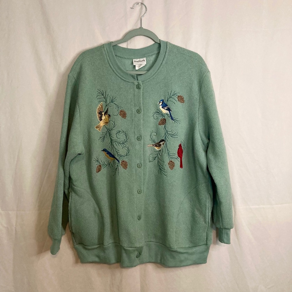 Vintage 90s Embroidered Birds BonWorth Sage Green Fleece Button Cardigan Grandma